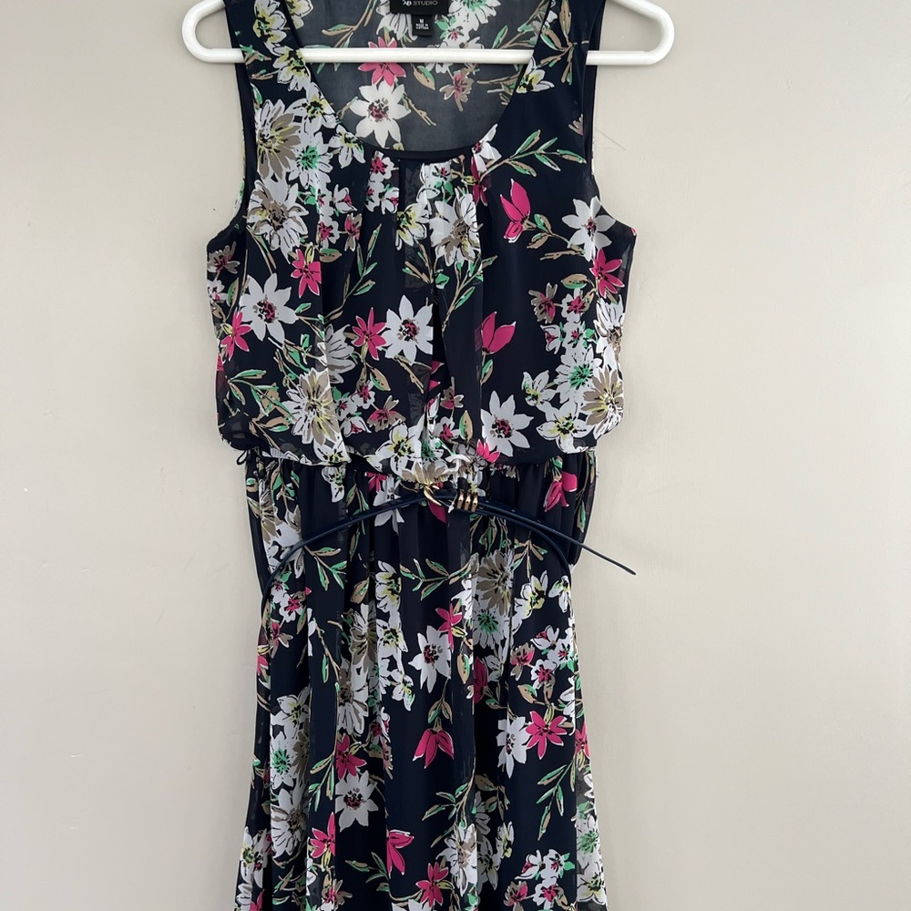AB Studio Navy Blue Floral Maxi Dress with Pink & White Blooms
